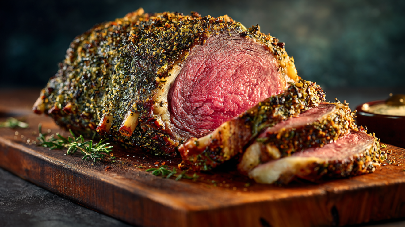A whole herb-crusted prime rib roast prepared using the reverse sear method, featuring a dark mahogany herb crust and a perfectly uniform pink medium-rare interior fanned out on a wooden board.