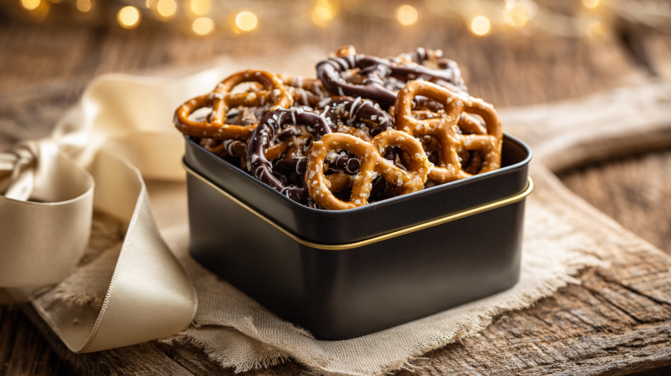 An elegant holiday gift tin filled with assorted butter toffee pretzels, including chocolate-drizzled and plain varieties, tied with a decorative ribbon.