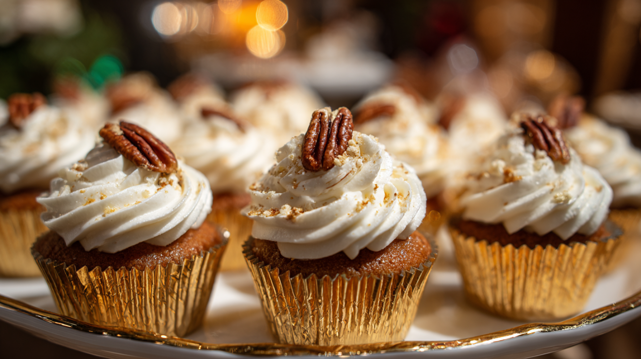A collection of 24 Hummingbird Cake cupcakes in paper liners, topped with tall swirls of piped cream cheese frosting and a single toasted pecan half on each.