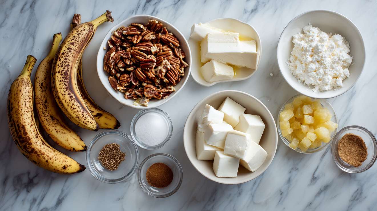 Top-down overhead view of measured ingredients for Hummingbird Cake, including heavily spotted ripe bananas, undrained crushed pineapple, toasted pecans, blocks of full-fat cream cheese, and small bowls of cinnamon and nutmeg.