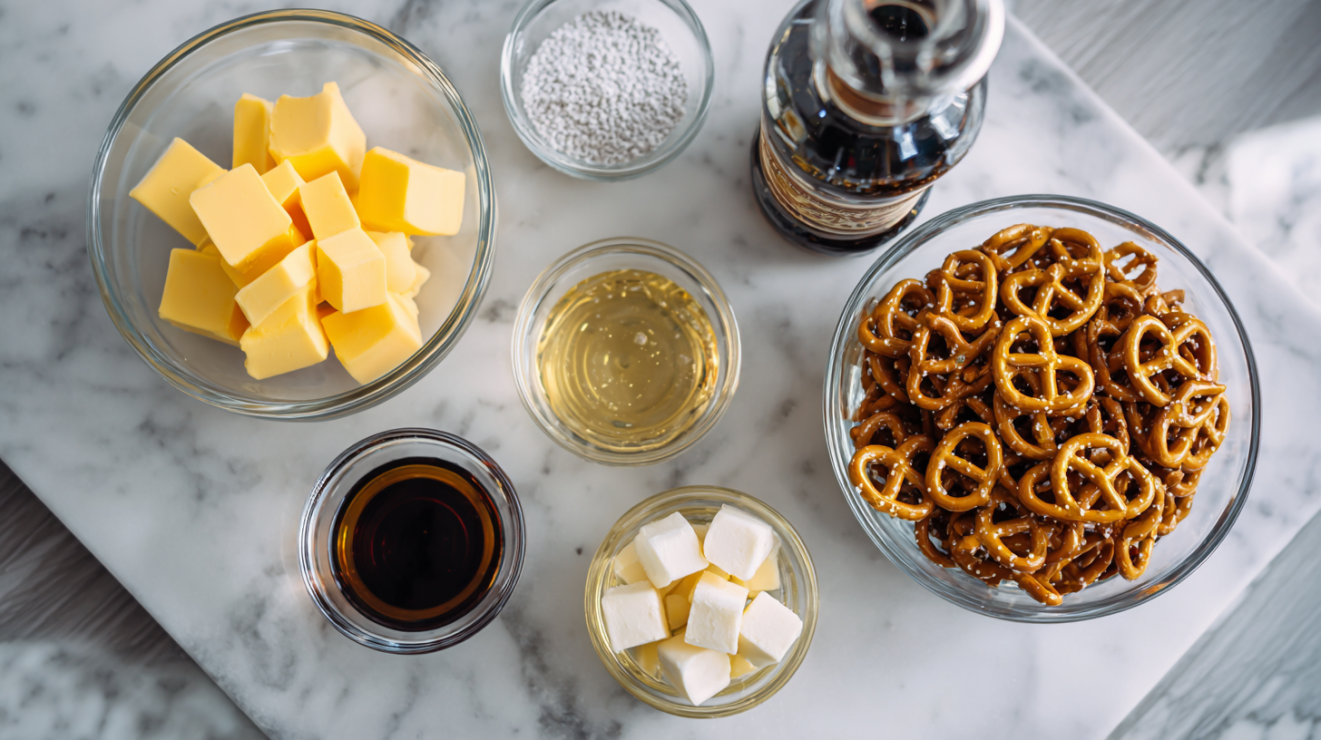 A complete mise en place arrangement on a kitchen counter featuring measured unsalted butter, granulated sugar, light corn syrup, vanilla extract, baking soda, and mini pretzels.