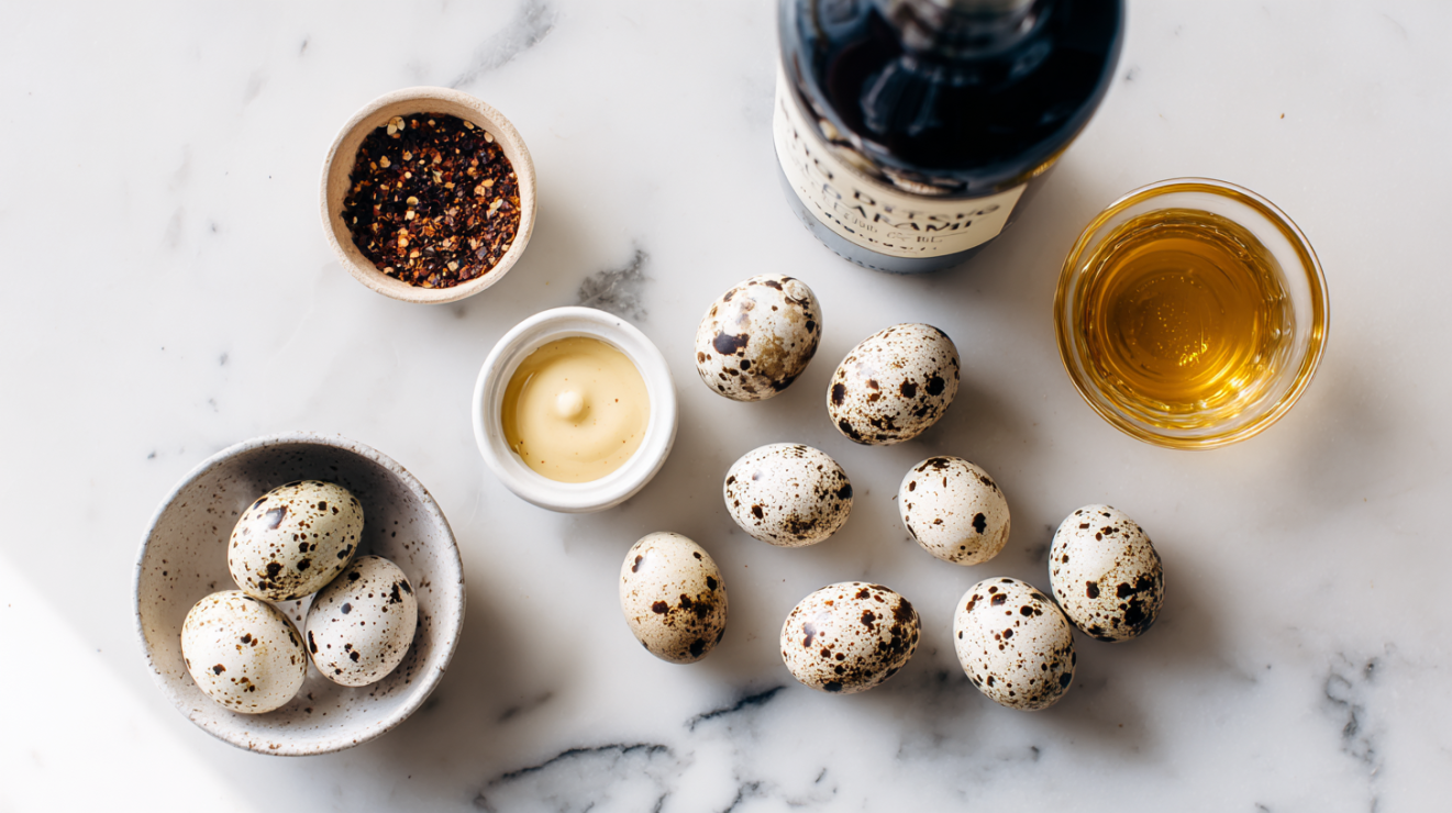 Ingredients for deviled quail eggs including quail eggs, mayonnaise, Dijon mustard, and seasonings.