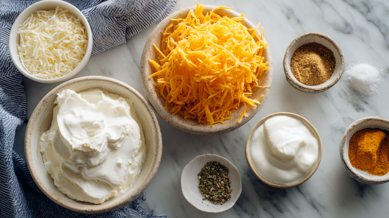 A professional mise en place display featuring softened room-temperature cream cheese, freshly shredded sharp cheddar, sour cream, and spices ready for mixing.