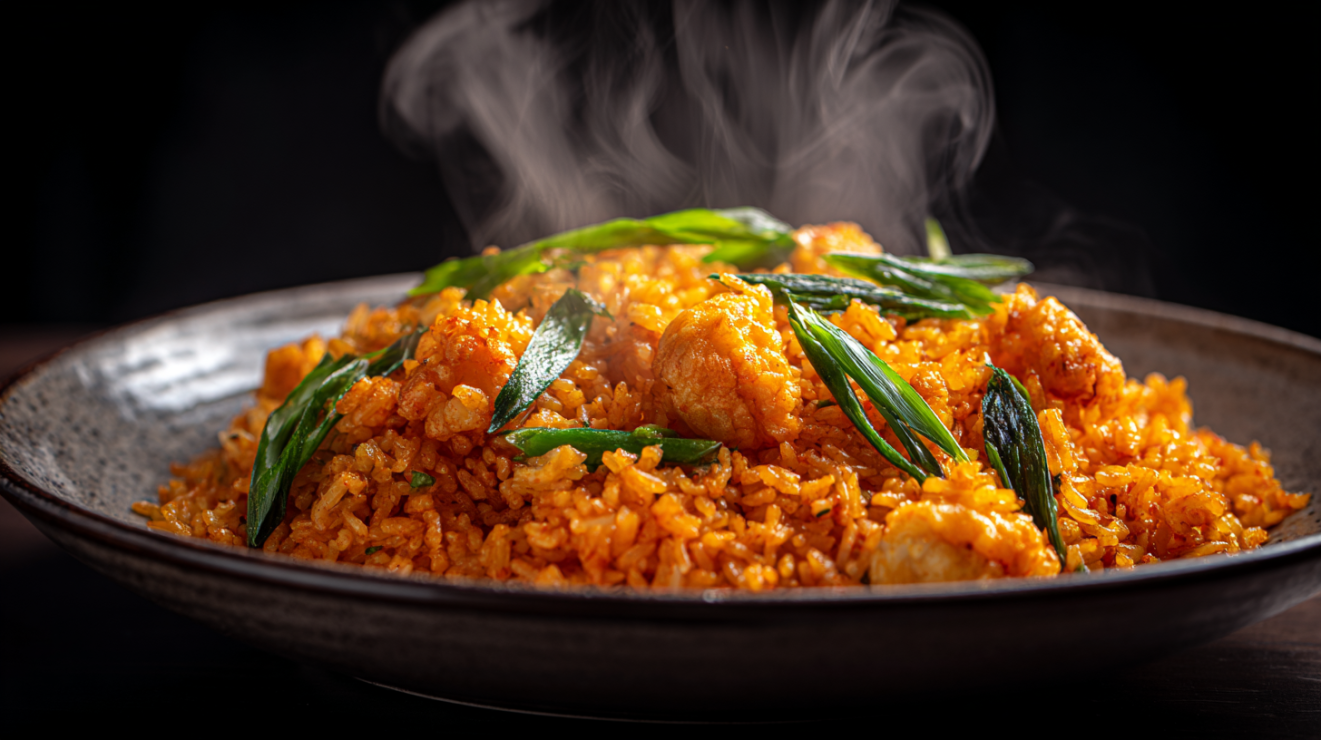 A plate of fried rice made with leftover bun rieu broth, showing orange-tinted grains, bits of crab fritters, and fresh green scallion garnishes.