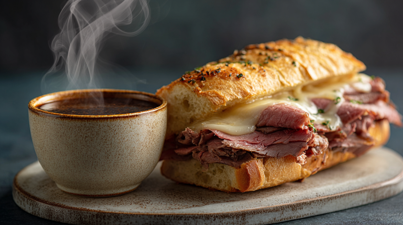 A French dip sandwich featuring thinly sliced leftover prime rib piled on a toasted roll, served with a side of rich au jus for dipping.