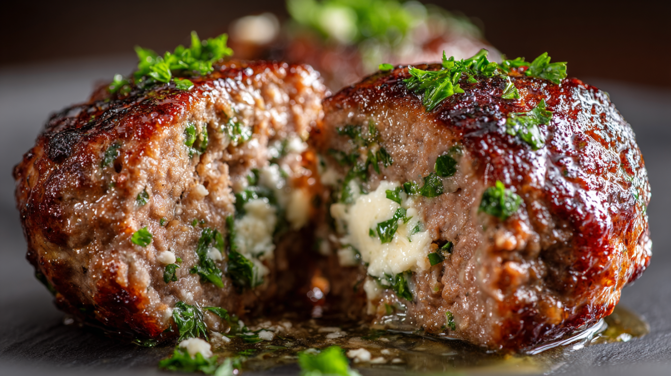 A close-up cross-section of a cooked Italian meatball sliced in half, revealing a juicy, pinkish-brown interior with visible flecks of fresh parsley, herbs, and integrated breadcrumbs.