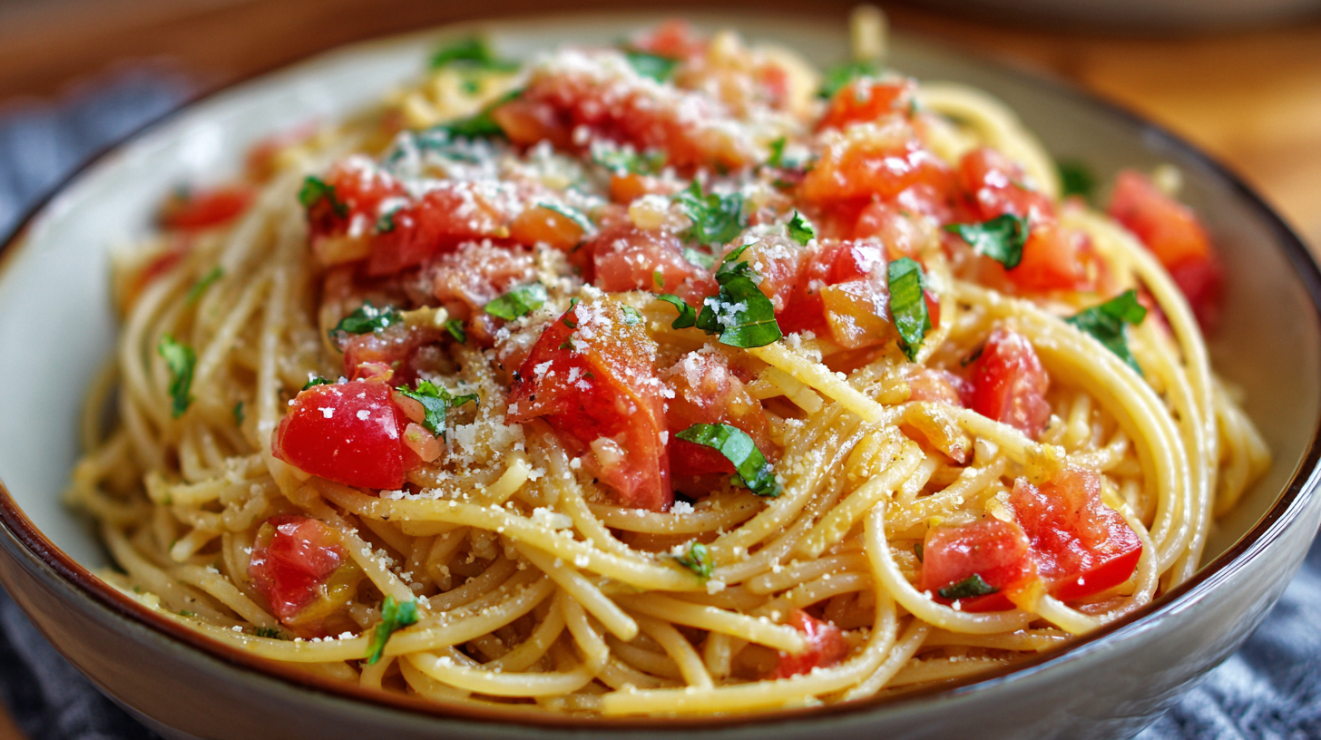Spaghetti pasta tossed with leftover bruschetta tomato and basil topping.