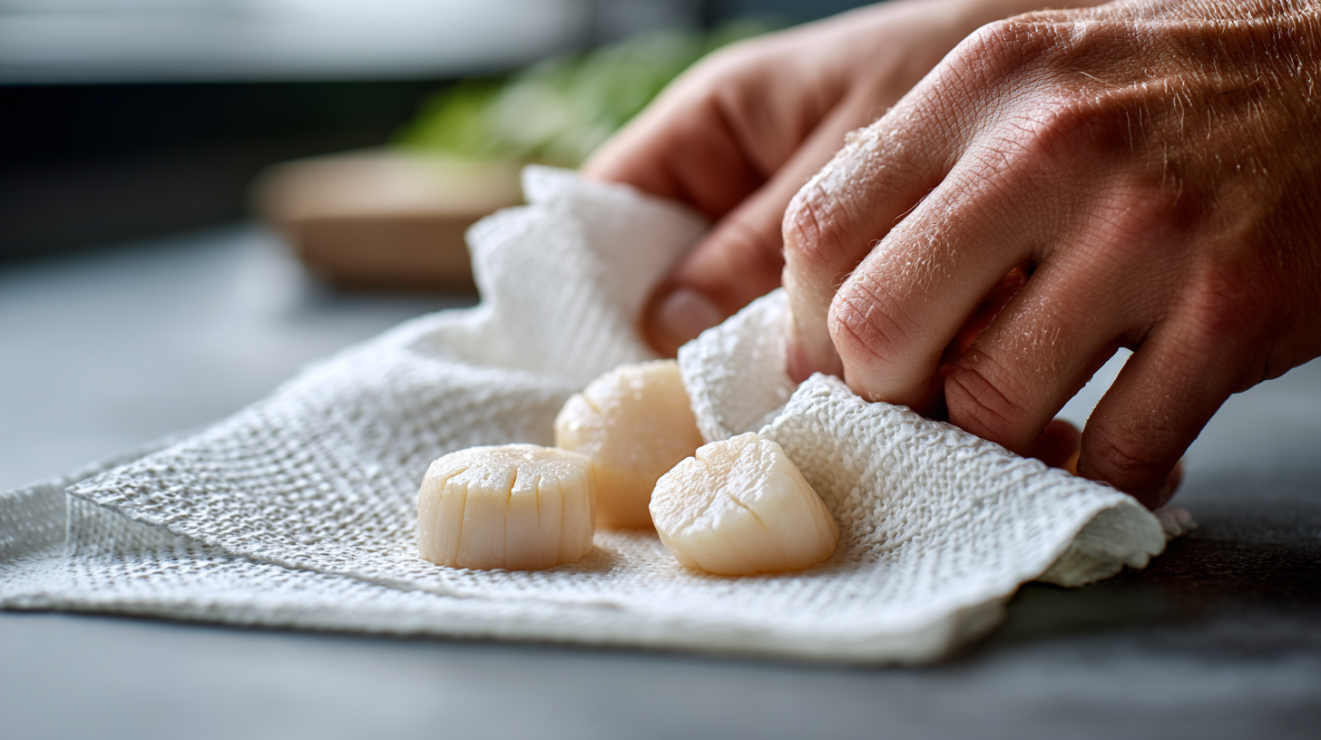 A cook's hands thoroughly patting sea scallops dry with paper towels to remove surface moisture.