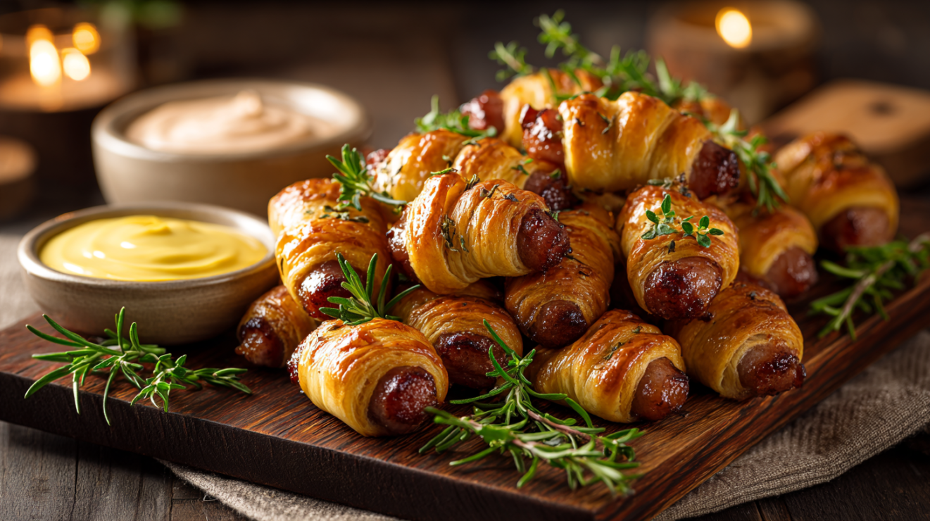 An elegant wooden serving board featuring a pile of deeply golden, crispy pigs in a blanket garnished with fresh thyme and served with a side of honey-mustard dipping sauce.