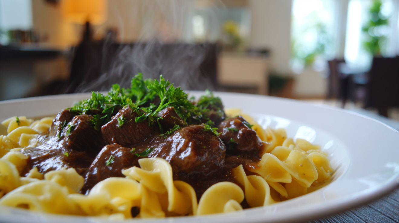 A delicious serving of beef tips and mushroom gravy poured over a bed of buttered wide egg noodles on a white plate