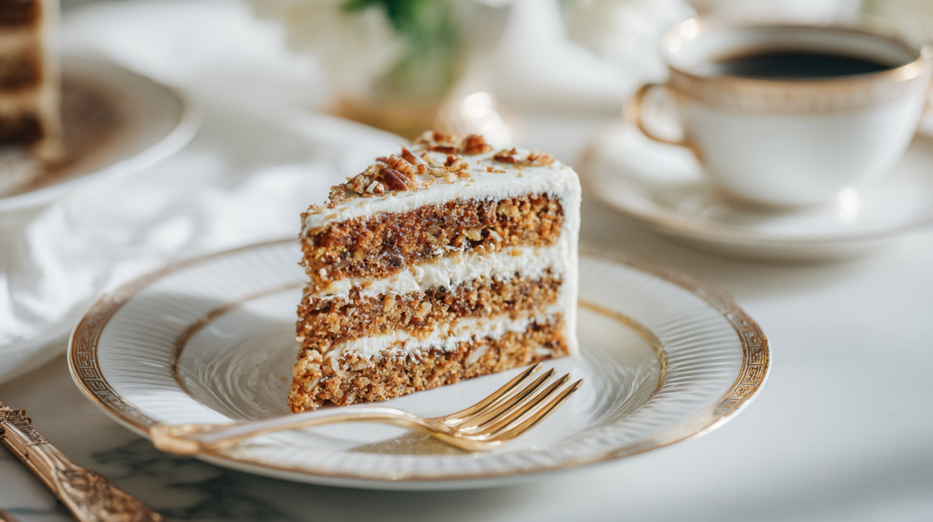 A single slice of three-layer Hummingbird Cake served on fine china, paired with a cup of dark roast coffee to balance the sweetness of the cream cheese frosting.