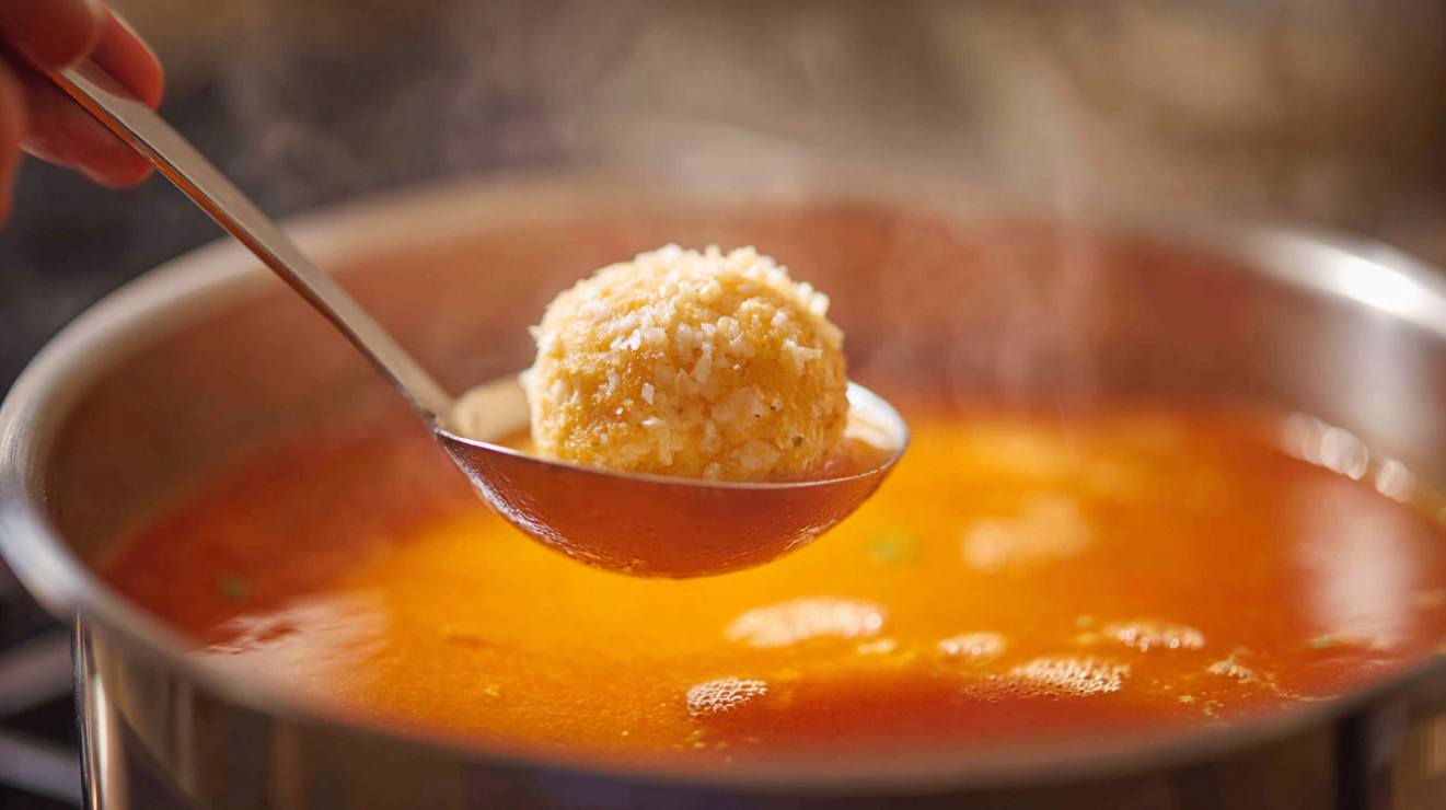 Action shot of a silver spoon lowering a dollop of crab-egg fritter mixture into a gently simmering bun rieu broth at 180-190°F, showing small bubbles and a calm surface.