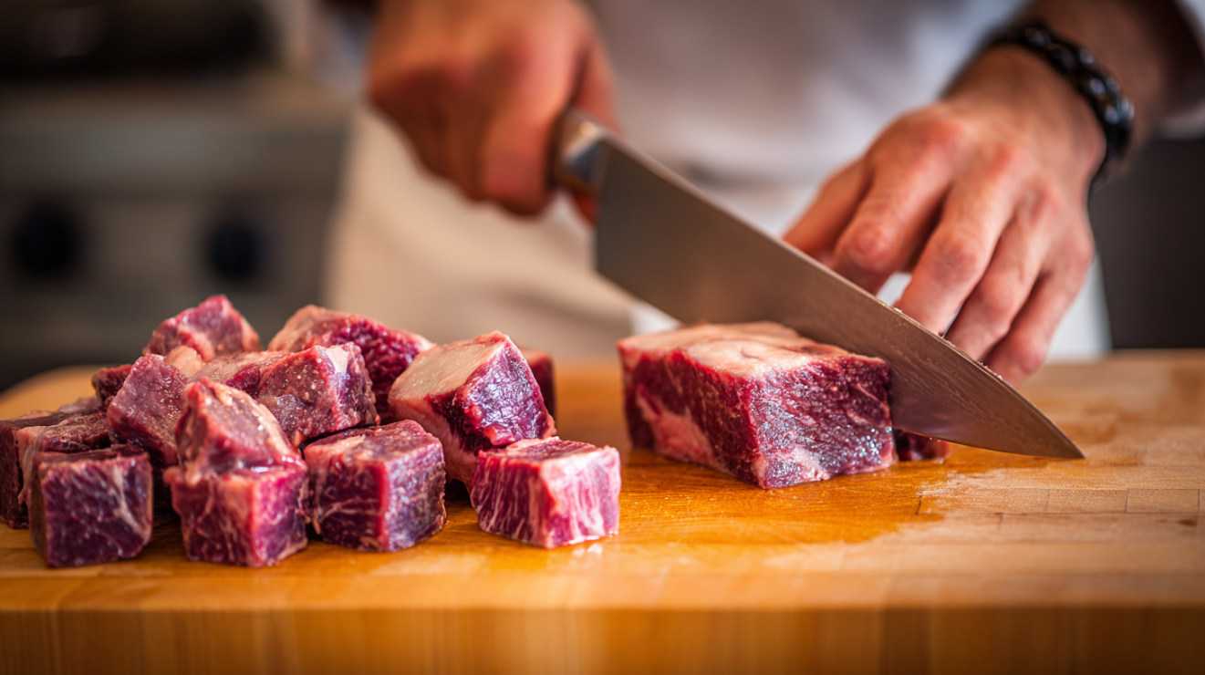 Raw well-marbled beef chuck roast being sliced into uniform 1.5-inch cubes on a rustic wooden cutting board