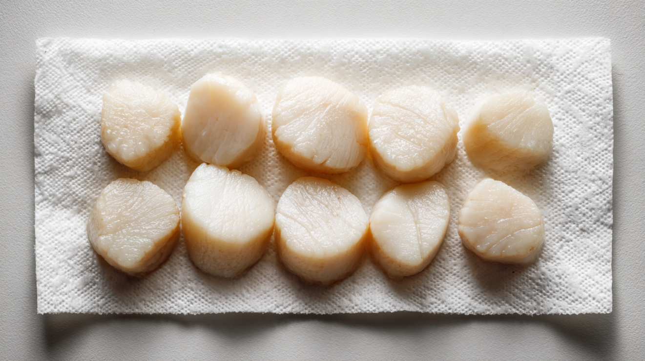 Fresh, raw U-10 dry-packed sea scallops arranged on paper towels to absorb moisture before searing.
