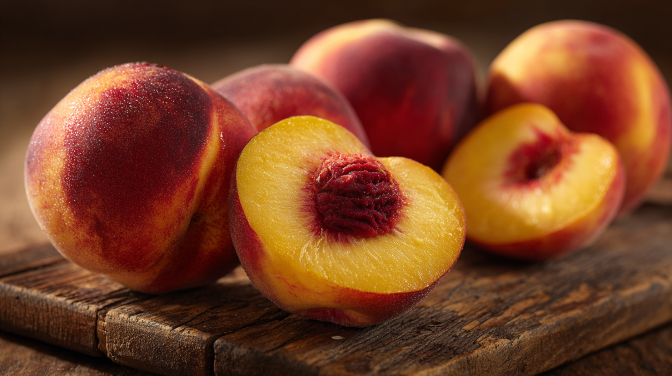 A collection of ripe freestone peaches on a wooden cutting board, displaying a natural color gradient from golden yellow to deep rose blush with a paring knife nearby.