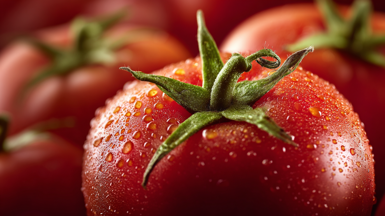 Close-up of ripe, deep red heirloom tomatoes showing texture and freshness for authentic Italian bruschetta.