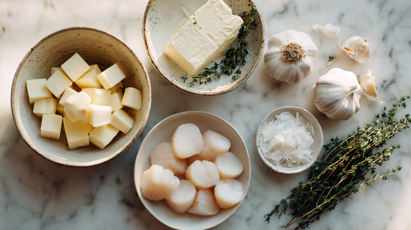 Complete mise en place for seared scallops and parsnip purée, showing prepared ingredients arranged in bowls on a kitchen counter.