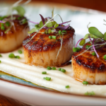Three pan-seared scallops with a golden-brown crust served on a swoosh of creamy parsnip purรฉe, garnished with brown butter and herbs on a white plate.