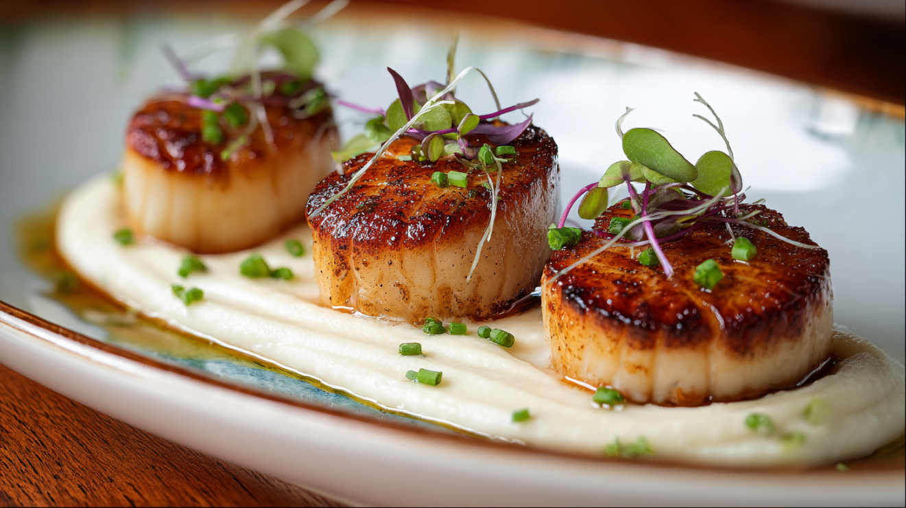 Three pan-seared scallops with a golden-brown crust served on a swoosh of creamy parsnip purรฉe, garnished with brown butter and herbs on a white plate.