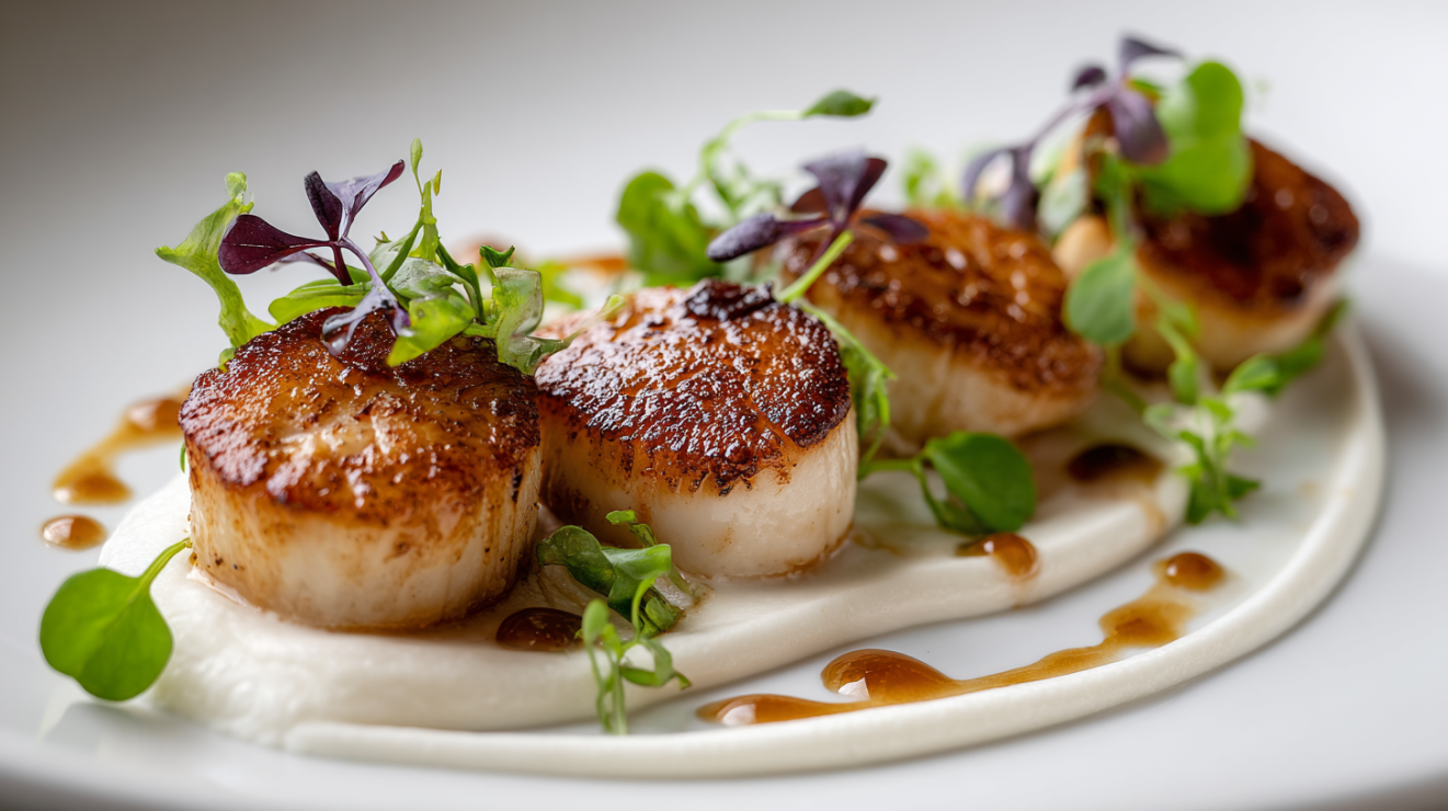 Overhead view of the fully plated seared scallop dish, showing the composition of scallops, purée, and garnishes.