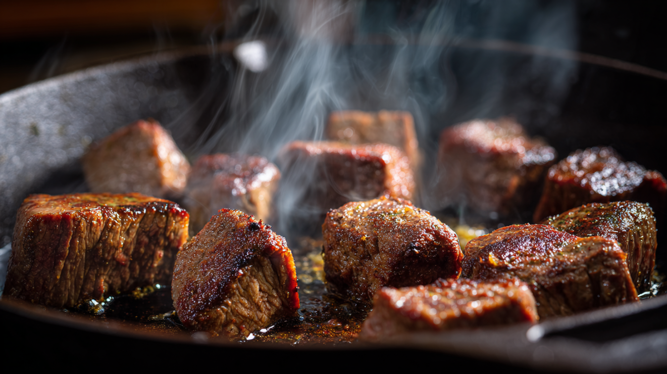 Beef cubes searing in a hot cast iron skillet, showing deep mahogany browning and a dark flavorful fond forming on the pan surface