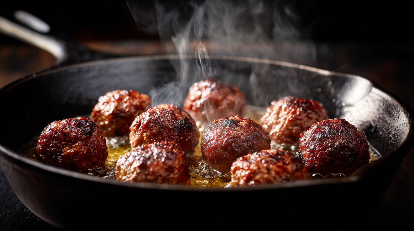 Meatballs searing in a preheated cast iron skillet with a deep golden-brown crust forming on the bottom and visible space between each meatball.