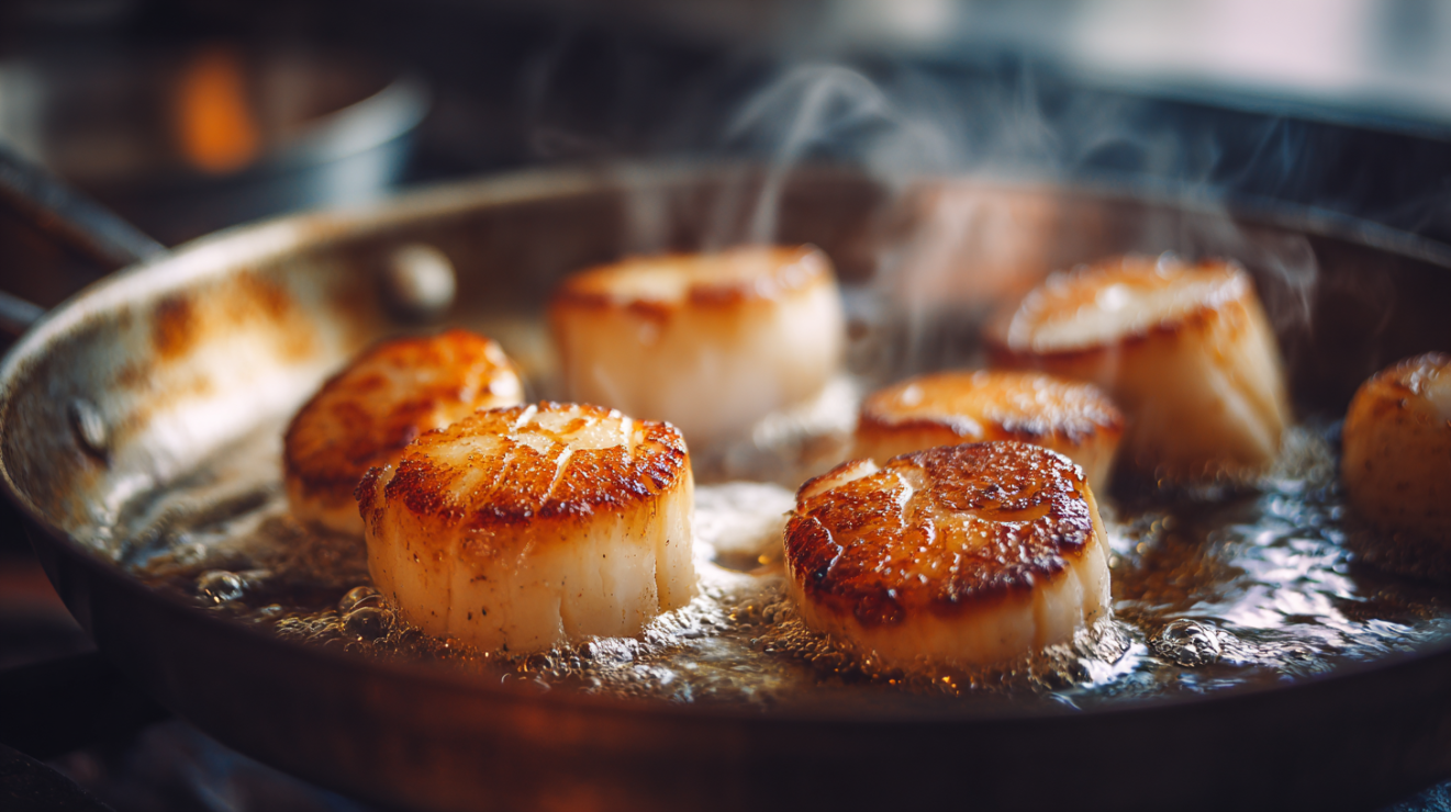 Scallops searing in a hot stainless steel pan, developing a deep golden-brown Maillard crust.
