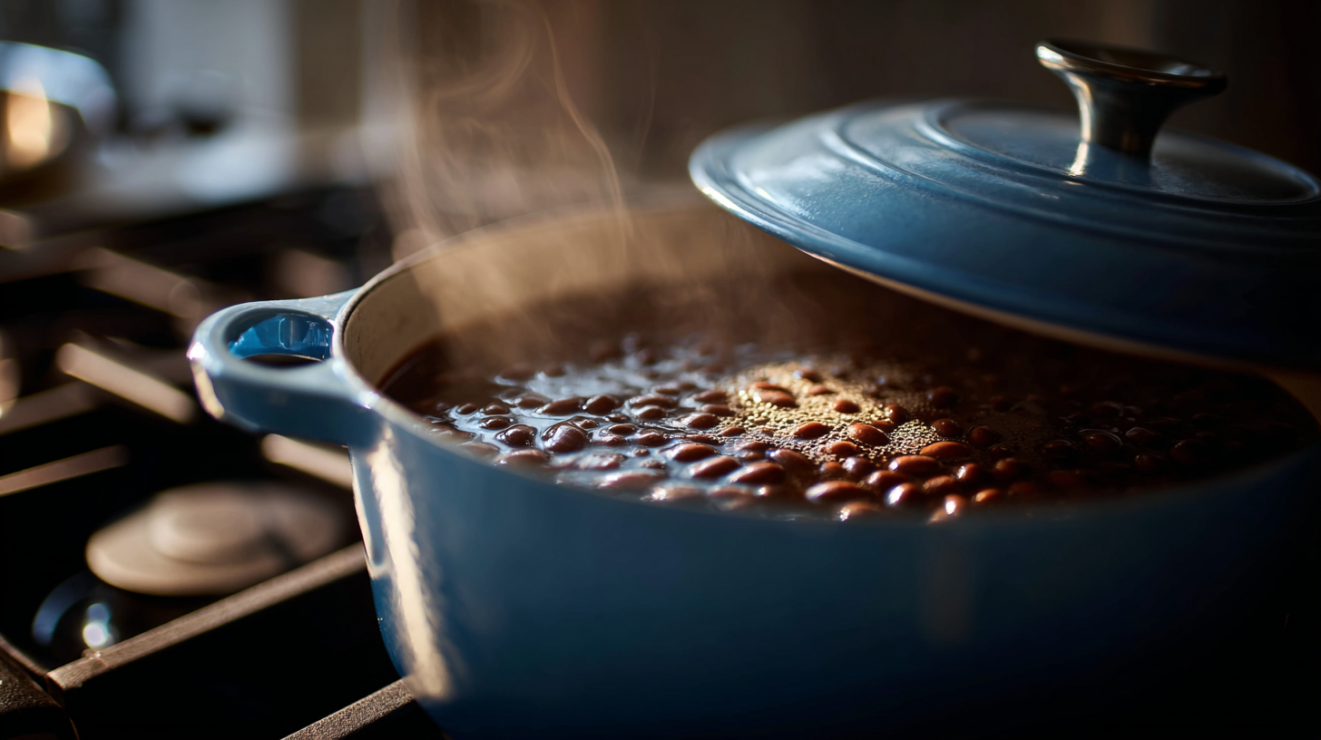 A side-angle view of a heavy Dutch oven on a stovetop with the lid slightly ajar, showing Anasazi beans cooking in a rich liquid with small, lazy bubbles breaking the surface at $190^{\circ}F$.