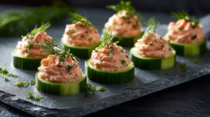 Overhead view of elegant smoked salmon mousse appetizers piped onto crisp cucumber rounds, garnished with fresh dill, arranged on a dark slate serving board for a cocktail party.
