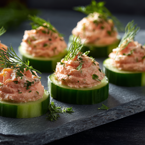 Overhead view of elegant smoked salmon mousse appetizers piped onto crisp cucumber rounds, garnished with fresh dill, arranged on a dark slate serving board for a cocktail party.