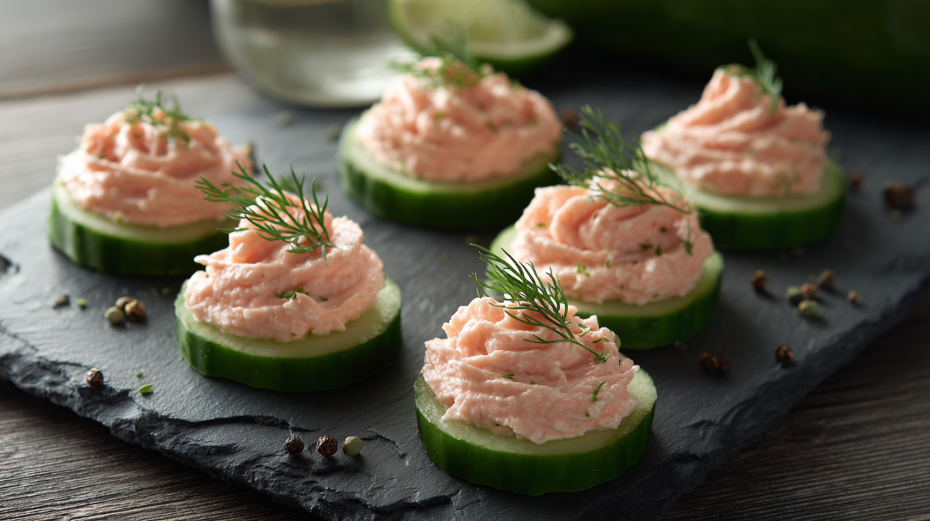 Overhead view of elegant smoked salmon mousse appetizers on cucumber rounds, showing a creamy, whipped texture similar to cream cheese. 