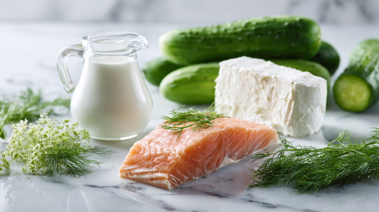 Fresh ingredients for salmon mousse: Hot-smoked salmon fillet, block of cream cheese, heavy cream, and cucumbers on marble.