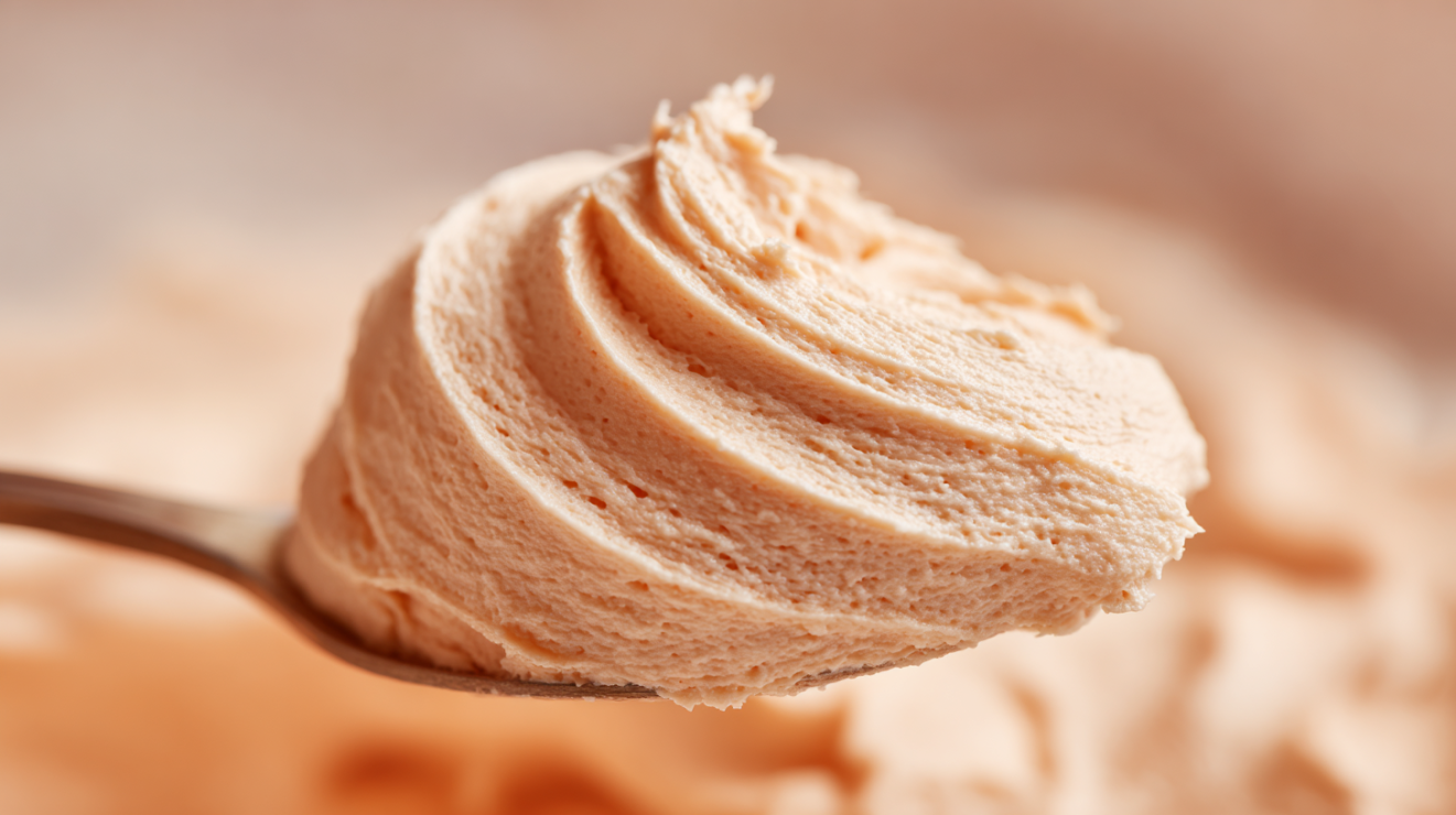 Spatula holding a dollop of salmon mousse with a soft peak, demonstrating a stable whipped consistency.