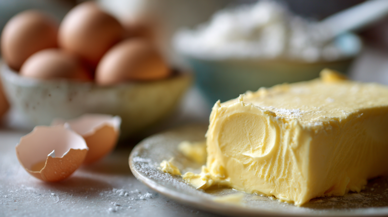 Close-up of softened butter with a fingerprint indentation and room temperature eggs.