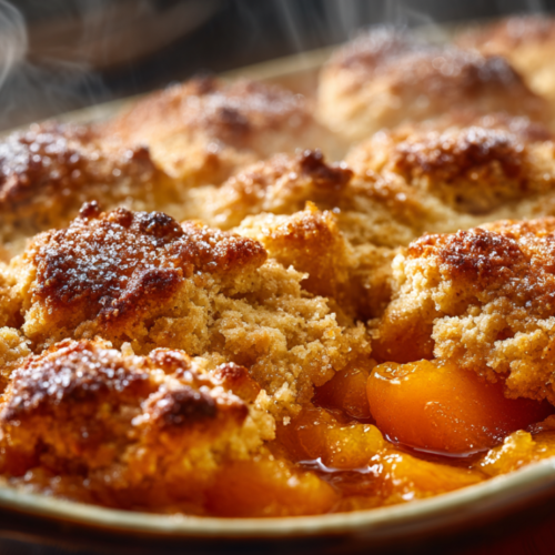 Close-up of a finished Southern peach cobbler in a rustic ceramic baking dish featuring golden-brown buttermilk biscuits with crystallized turbinado sugar tops and bubbling, caramelized peach juice edges.
