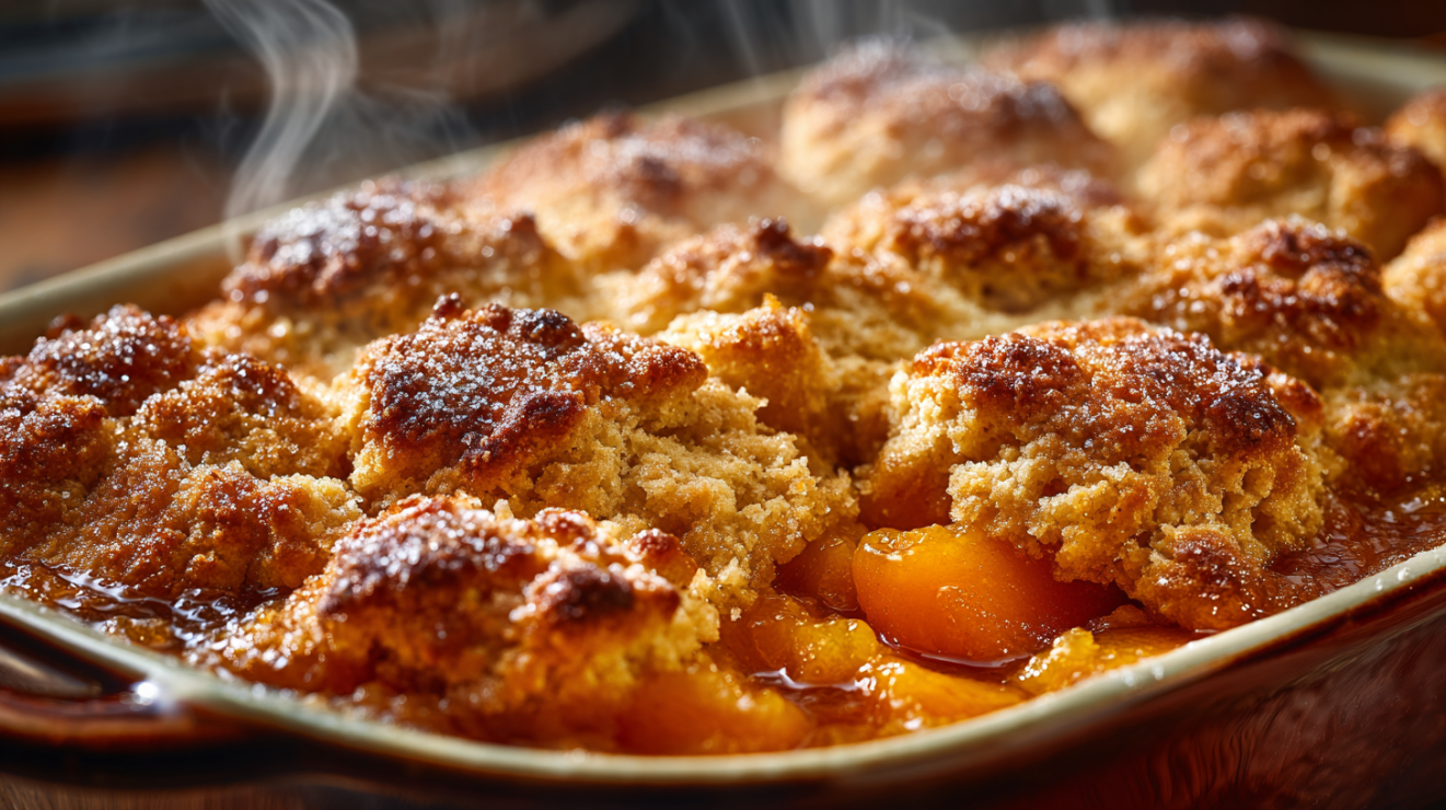 Close-up of a finished Southern peach cobbler in a rustic ceramic baking dish featuring golden-brown buttermilk biscuits with crystallized turbinado sugar tops and bubbling, caramelized peach juice edges.