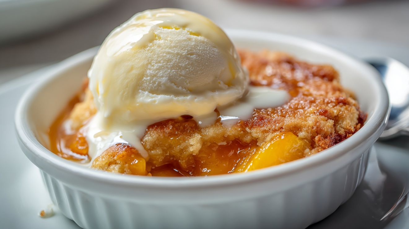 A generous serving of warm Southern peach cobbler in a shallow bowl topped with a melting scoop of high-butterfat vanilla ice cream.