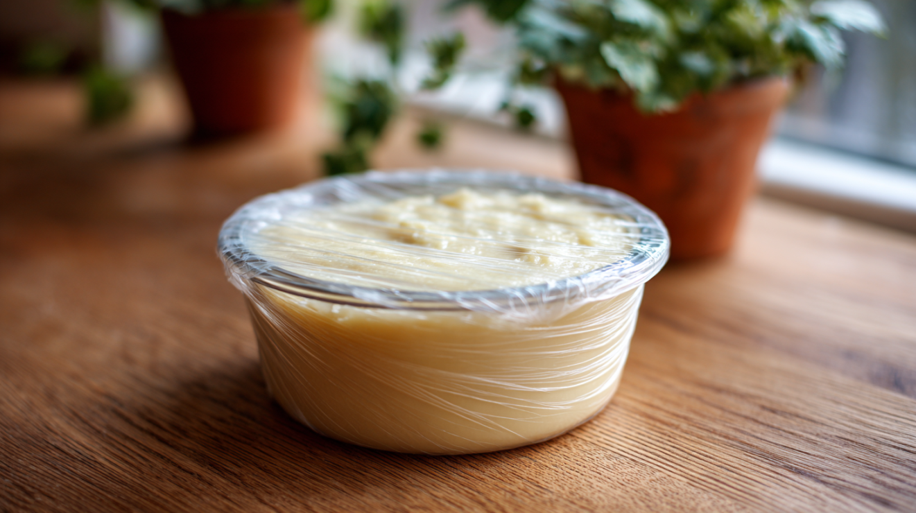 Parsnip purée in a glass container with plastic wrap pressed directly against the surface for storage.