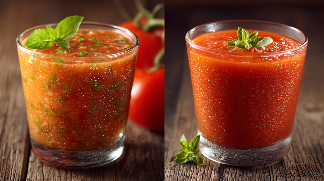 Side-by-side comparison of chunky unstrained gazpacho and smooth strained gazpacho in bowls.