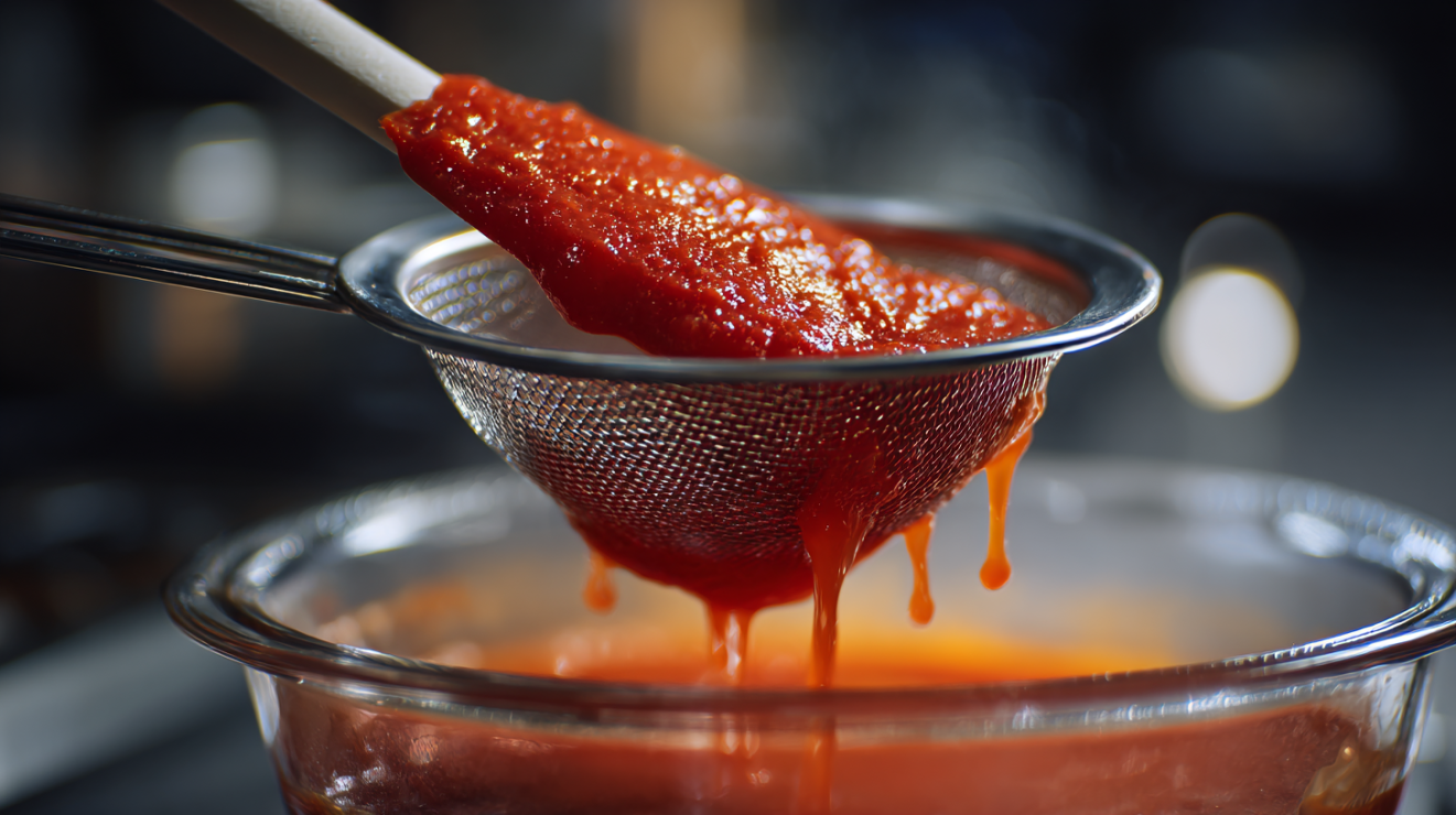 Red gazpacho soup being poured through a fine-mesh sieve to remove pulp and seeds.