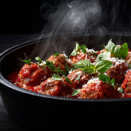 A top-down overhead shot of tender Italian-American meatballs simmering in a rich, glistening red marinara sauce inside a rustic cast iron Dutch oven, garnished with fresh green basil leaves and grated Parmesan cheese.