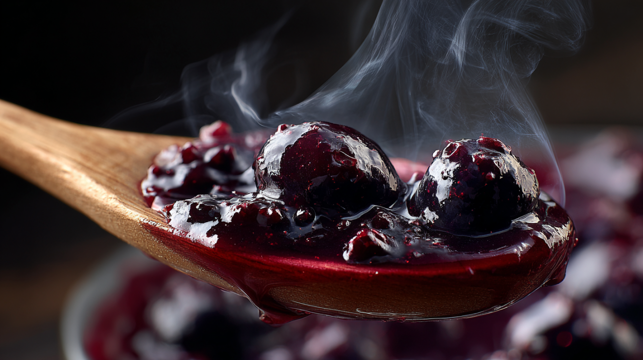 Close-up of glossy, thickened blueberry sauce coating the back of a wooden spoon, demonstrating the correct jammy consistency for the dessert topping.