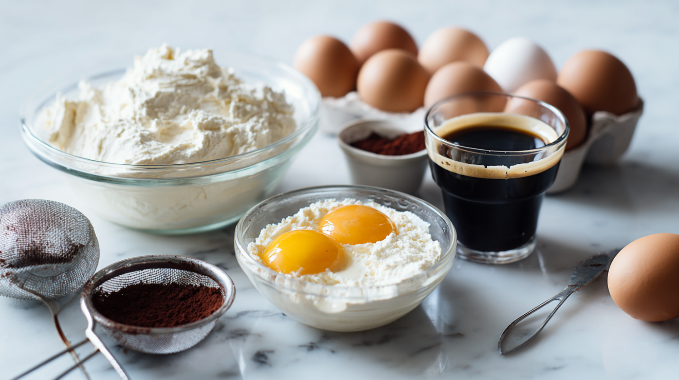 A professional mise en place of tiramisu ingredients on a marble surface, including 16 ounces of room-temperature Italian mascarpone, farm-fresh eggs with orange yolks, cooled Moka pot espresso, dry Marsala wine, and Dutch-process cocoa.