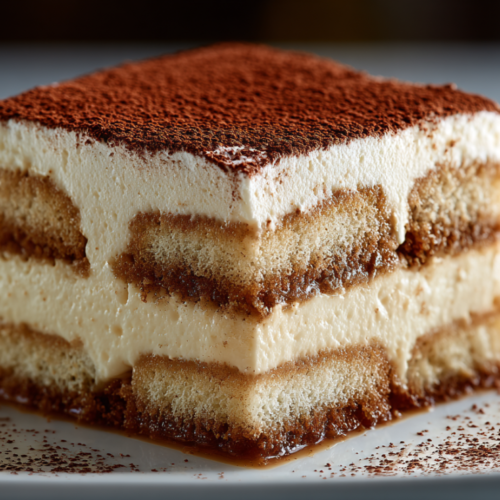 A side-view cross-section of a single serving of homemade tiramisu on a white dessert plate, showing clear layers of espresso-soaked ladyfingers and thick mascarpone cream with a very light, elegant dusting of cocoa powder.