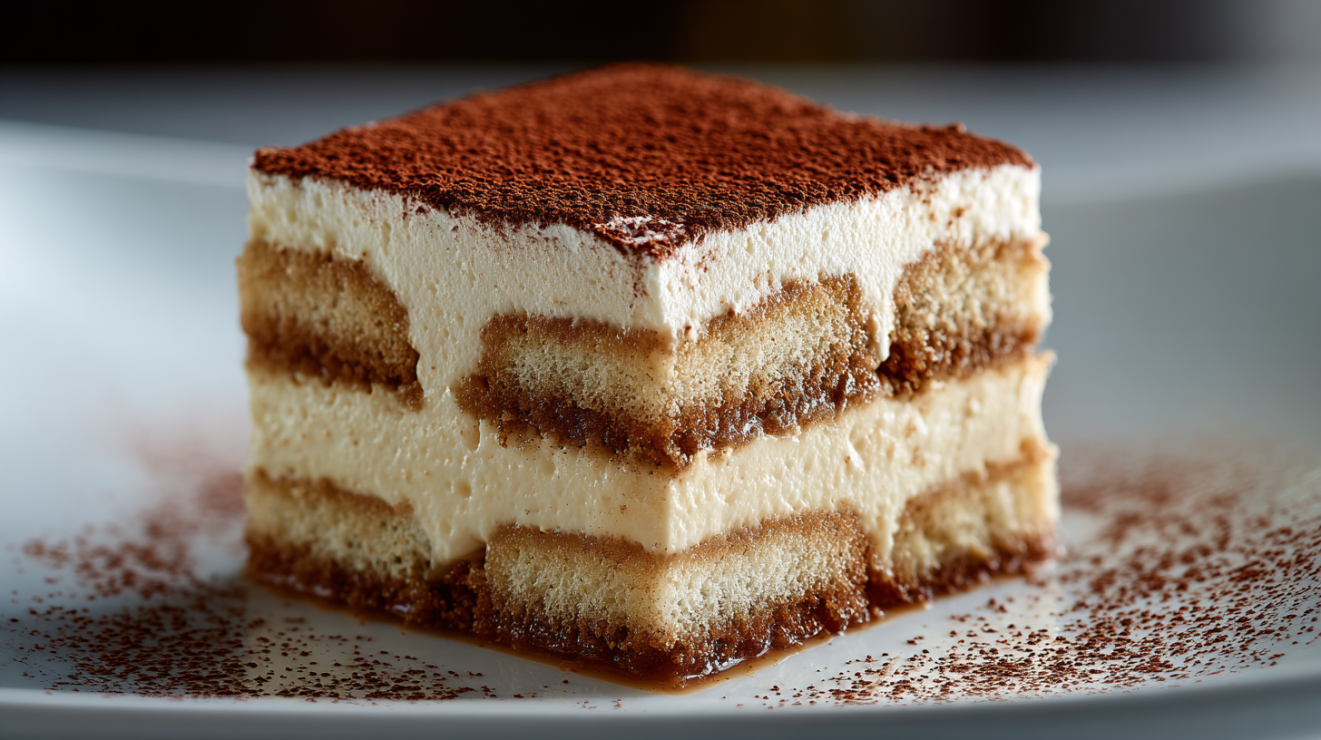 A side-view cross-section of a single serving of homemade tiramisu on a white dessert plate, showing clear layers of espresso-soaked ladyfingers and thick mascarpone cream with a very light, elegant dusting of cocoa powder.
