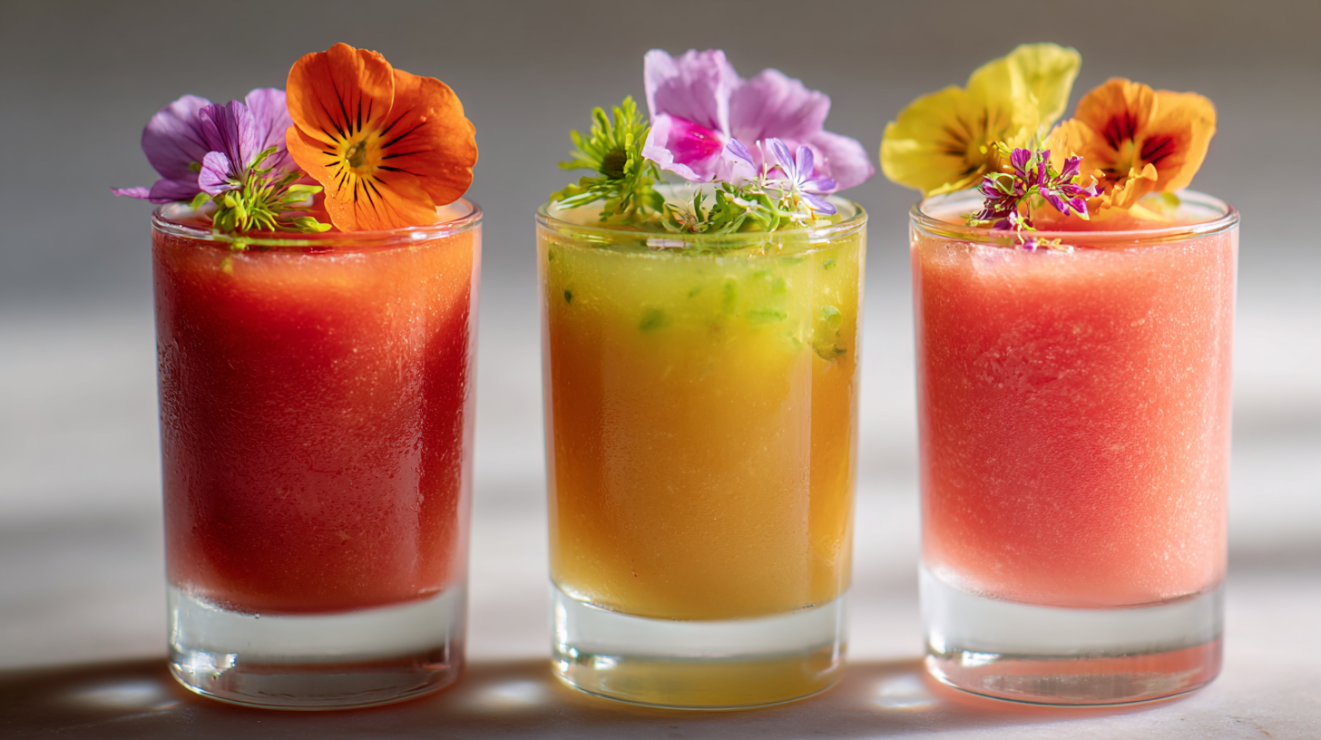 Trio of gazpacho shooters in red, yellow, and pink watermelon variations arranged together. 