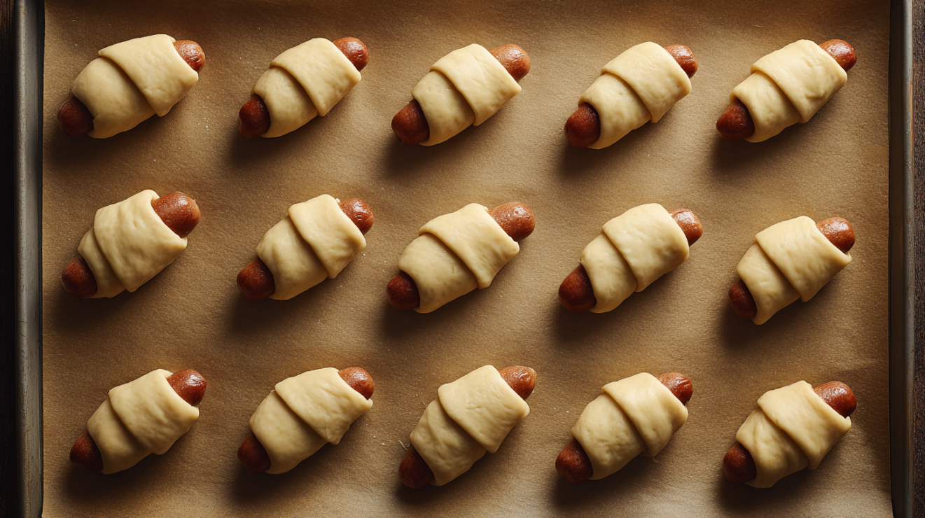 Rows of unbaked pigs in a blanket arranged seam-side down on a parchment-lined metal baking sheet with exactly 1-inch of space between each piece.